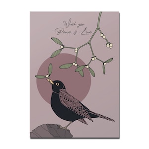 Postkarte Weihnachten Amsel Mistelzweig