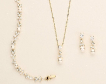Conjunto de joyas nupciales de perlas doradas, conjunto de collar, pendientes y pulsera de perlas, joyas de boda para la novia, elegantes joyas nupciales Kathy