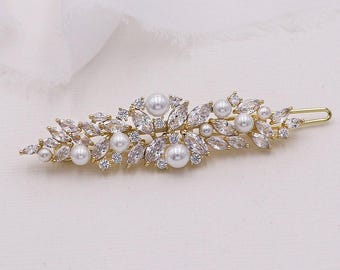 Pearl Barrette Gold, CZ Cubic Zirconia Barrette, Wedding Hair Clip, Wedding Crystal Hair Clip, Kendall Gold Barrette