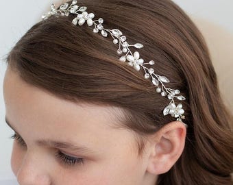Pearl Flower Girl Headband: Crystal Rhinestone Hair Vine First Communion Headpiece Blossom