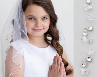 Crystal First Communion Veil, First Communion Veil, Beaded Edge Veil, Children Girl's First Communion Veil, Crystal Edge Communion Veil