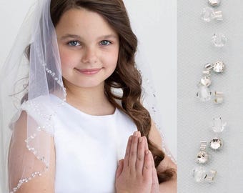 Crystal First Communion Veil, First Communion Veil, Beaded Edge Veil, Children Girl's First Communion Veil, Crystal Edge Communion Veil