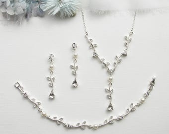 Wedding Jewelry Set, Crystal Bridal Pearl Jewelry Set, Rose Gold Jewelry Set, Carla Vine Pearl Jewelry Set 40