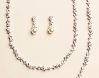 Pearl Collar Necklace Jewelry Set, pearl bridal earrings, wedding jewelry, bridal jewelry set, Kathy Full Jewelry Set