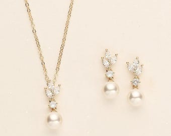 Gold Pearl Bridal Jewelry Set, Pearl Necklace Earrings Set, Wedding Jewelry for Bride, Simple Elegant Bridal Jewelry Set Eve