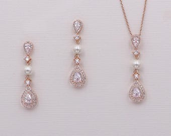 パールジュエリーセット ローズゴールド、ローズゴールドパールネックレスセット、ティアドロップペアイヤリング、マンディパール ローズゴールドネックレスセット