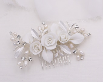 Flower Wedding Hair Comb, Clay Flower Hair Comb, Porcelain Flower Comb, Bridal Hair Comb, Rose Petals Flower Comb -50