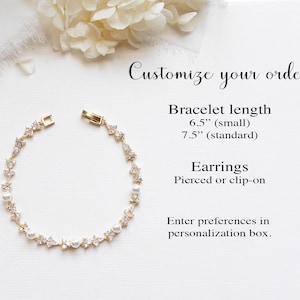 May include: A gold-toned bracelet with clear and pearl-like accents, featuring a clasp closure. The image also includes text that says "Customize your order" and details about bracelet length and earring options.