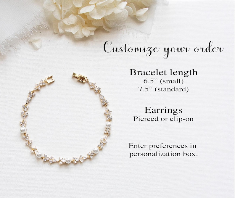 May include: A gold-toned bracelet with clear and pearl-like accents, featuring a clasp closure. The image also includes text that says "Customize your order" and details about bracelet length and earring options.