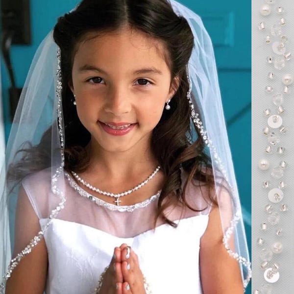 Pearl First Communion Veil, Children Girls First Communion Veil, Beaded Edge Soft White Communion Veil