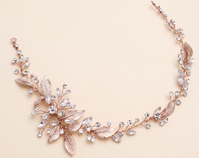 Crystal Wedding Hair Vine, Bridal Wedding Headpiece Vine, Flexible Handmade Crystal Head Piece,  Elianna Rose Gold Leaf Hair Vine