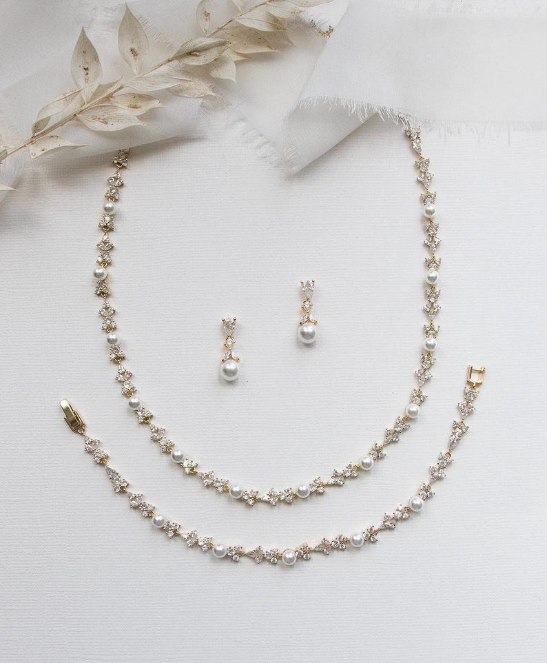 Gold Pearl Collar Necklace Jewelry Set, Wedding Jewelry with Pearls, Bridal Jewelry Set, Kathy Full Gold Jewelry Set image 6
