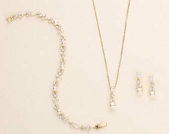 Conjunto de joyas de perlas doradas, joyas de boda de perlas, joyas de boda de oro, joyas de dama de honor, conjunto de joyas de novia, conjunto de joyas de oro Kathy