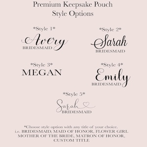 a collection of text styles and names, likely representing different styles of bridesmaid dresses or bridesmaid titles.