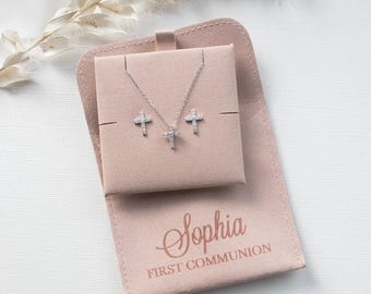 First Communion Gift, Cross Earrings Necklace Set, Sterling Silver First Communion Girls Personalized Jewelry Gift