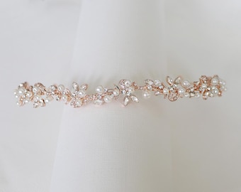 Bridal Headband Rose Gold, Wedding Headband for Brides, Pearl Wedding Headband, Wedding Headpiece, Dahlia Rose Gold Headband