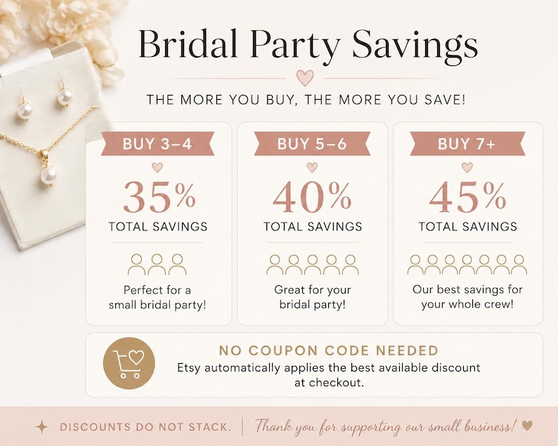 The image is an advertisement for a bridal party savings program. It features a necklace and earrings, along with three different savings options for purchasing jewelry. The text highlights the benefits of buying more items to save more money, and the program offers 35% savings for a 3-4 purchase, 40% savings for a 5-6 purchase, and 45% savings for a 7+ purchase. The ad also mentions that no coupon code is needed, and the program is supported by the small business.
