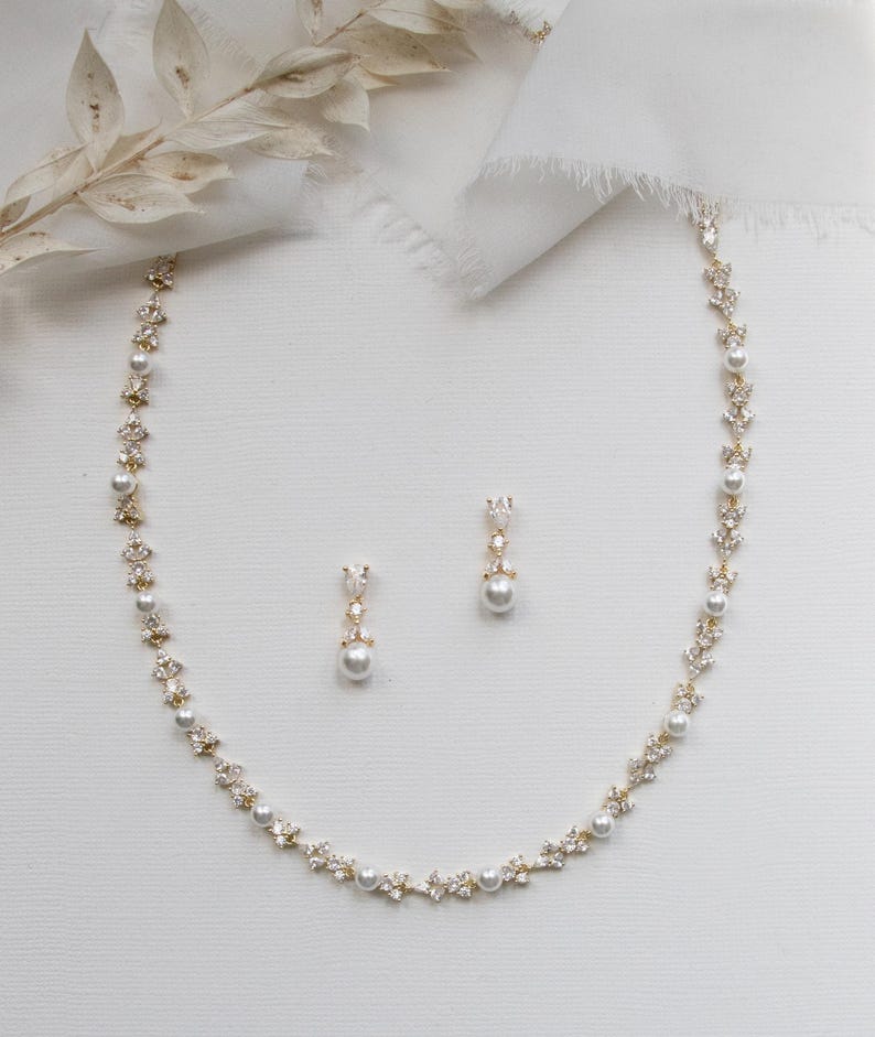 Gold Pearl Collar Necklace Jewelry Set, Wedding Jewelry with Pearls, Bridal Jewelry Set, Kathy Full Gold Jewelry Set image 8