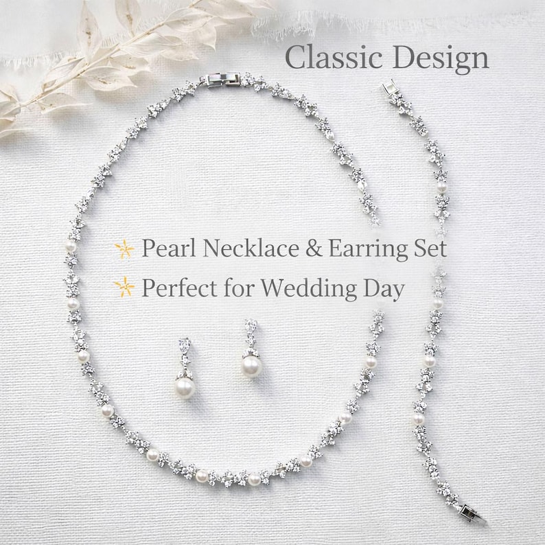 a classic design set consisting of a pearl necklace and earrings set, perfect for a wedding day.