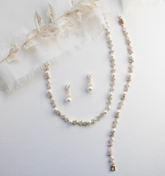 Gold Pearl Collar Necklace Jewelry Set, Wedding Jewelry with Pearls, Bridal Jewelry Set, Kathy Full Gold Jewelry Set