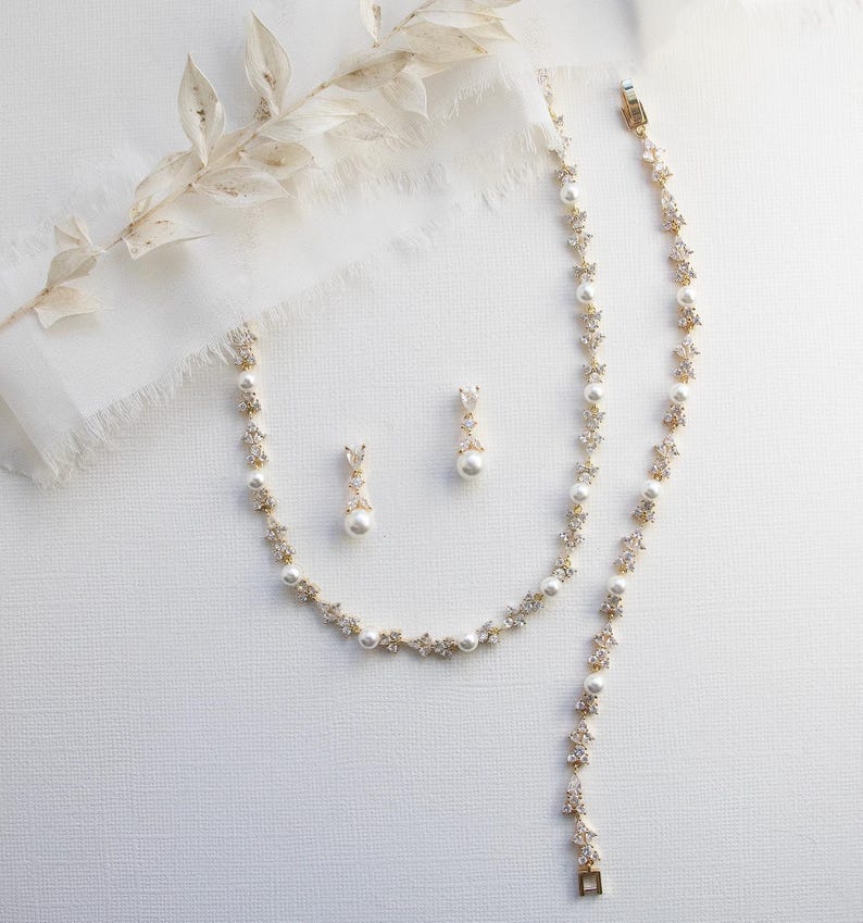 Gold Pearl Collar Necklace Jewelry Set, Wedding Jewelry with Pearls, Bridal Jewelry Set, Kathy Full Gold Jewelry Set image 1