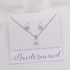 Bridesmaid Jewelry Set Pearl, Stud Earrings for Bridesmaids, Bridesmaid Jewelry Gift, flower girl earrings, Jennifer Pearl Jewelry Set -50