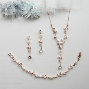 Bruiloft sieraden set, kristallen bruids parel sieraden set, roségouden sieraden set, Carla Vine parel sieraden set 40 afbeelding 8