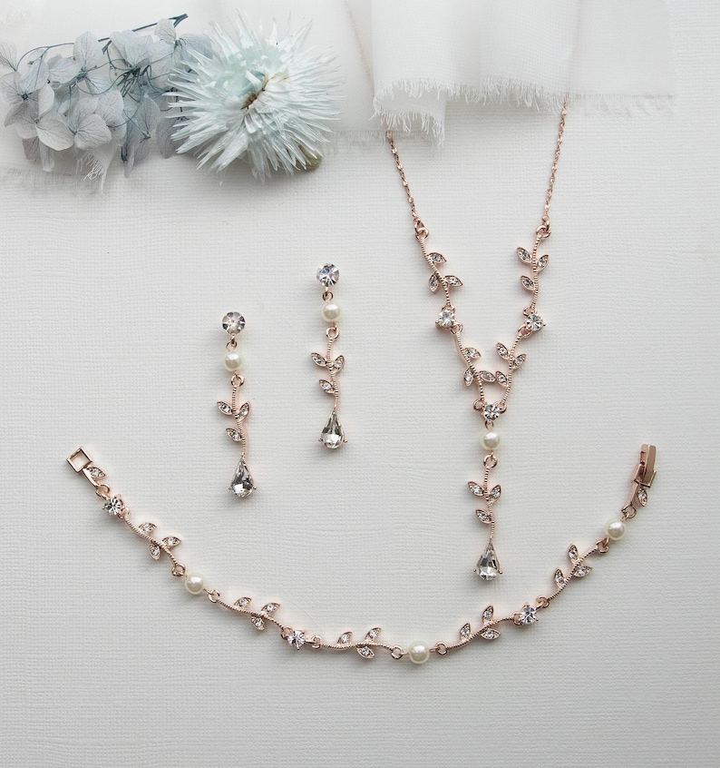 Bruiloft sieraden set, kristallen bruids parel sieraden set, roségouden sieraden set, Carla Vine parel sieraden set 40 afbeelding 8