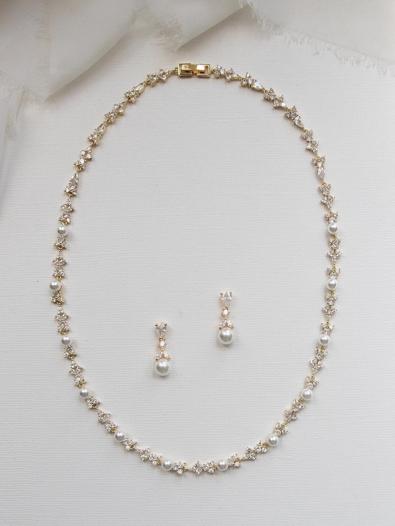 Gold Pearl Collar Necklace Jewelry Set, Wedding Jewelry with Pearls, Bridal Jewelry Set, Kathy Full Gold Jewelry Set image 11