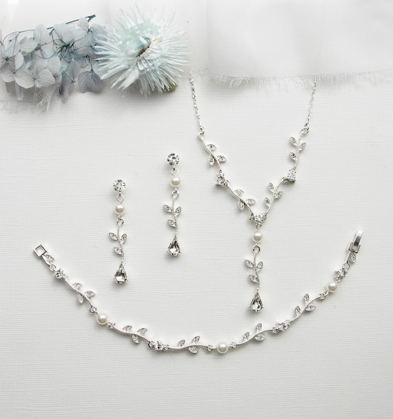 Wedding Jewelry Set, Crystal Bridal Pearl Jewelry Set, Rose Gold Jewelry Set, Carla Vine Pearl Jewelry Set 40