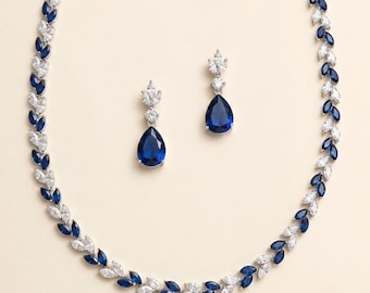 Sapphire Blue Jewelry Set, Blue Leaf Marquise Wedding Jewelry Set, Blue Earrings Necklace Set, Evelyn Sapphire Blue and Clear Jewelry Set