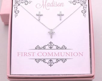 Presente para Primeira Comunhão, Brincos de Cruz, Joias para Primeira Comunhão, Presente de Primeira Comunhão, Conjunto de Joias com Cruz para Meninas