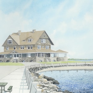 May include: A watercolor painting of a large, light brown house with a porch and a stone foundation. The house is situated on a grassy hill overlooking a body of water. There is a picnic table in the foreground and a small American flag flying in the wind.
