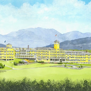 May include: A watercolor painting of a large yellow building with a tower and multiple windows. The building is set against a backdrop of blue mountains and green trees. The painting is signed "Daniel J. Fox 2020".