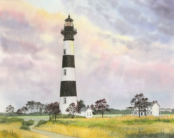 May include: A watercolor painting of a black and white striped lighthouse with a white house and a tree in the foreground. The sky is a soft pink and purple.