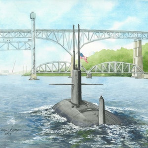 May include: A gray submarine with a white American flag on the top, traveling under a bridge with a blue sky and green trees in the background.