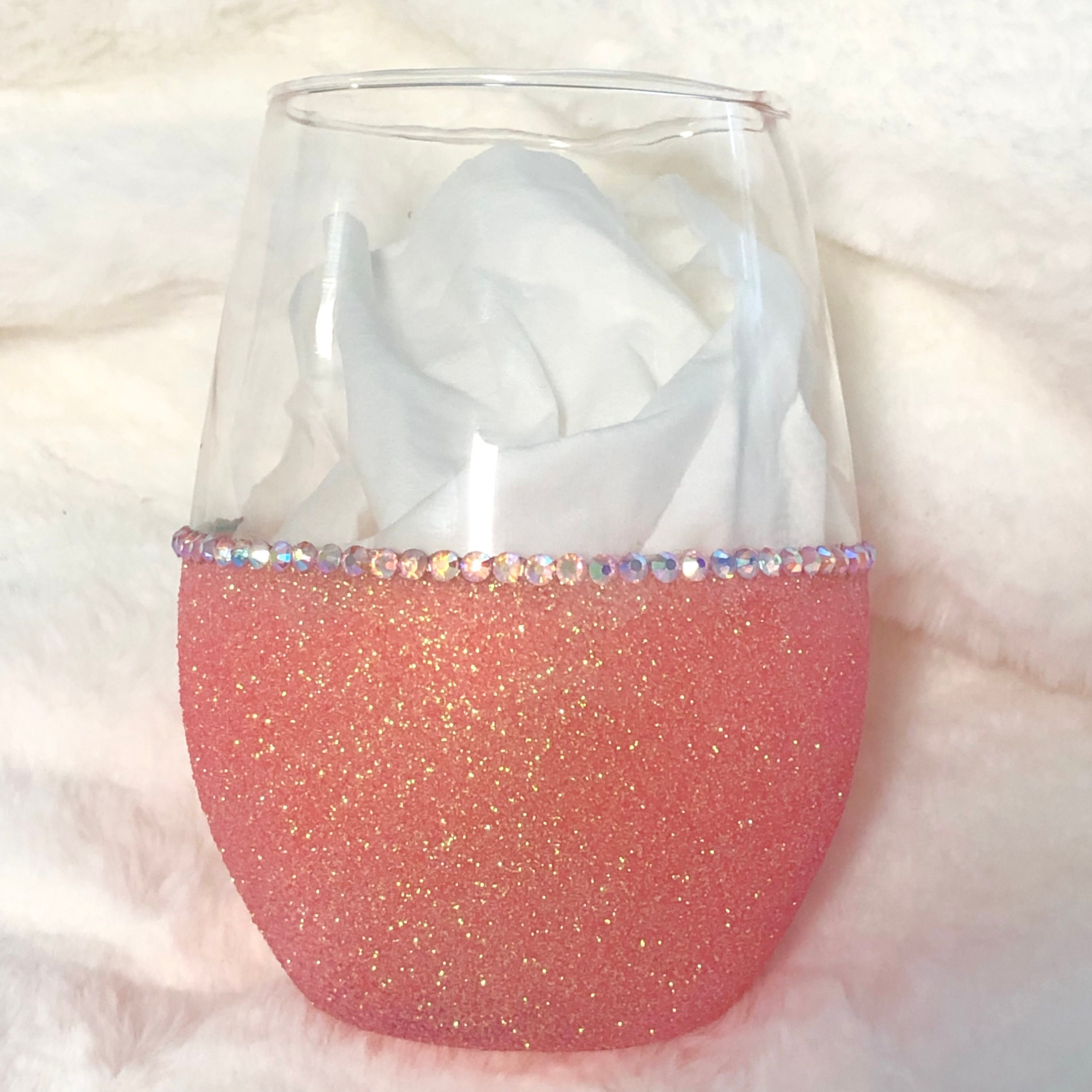 Custom Bling Glitter Coral Wine Glass Stemless Wine Glass Cups Champagne Tumbler Rose Gold Crystal Custom Gift Wedding Bridal Accessories