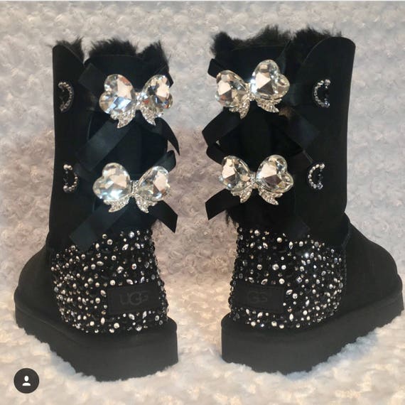 Bling Ugg Bailey Bow II, Women's Custom Black Ugg Boots Swarovski Crystal Bling Australian Fur Boots, Snow Boots, Bling Boots Bling Ugg Bailey Bow II, Women's Custom Black Ugg Boots Swarovski Crystal Bling Australian Fur Boots, Snow Boots, Bling Boots