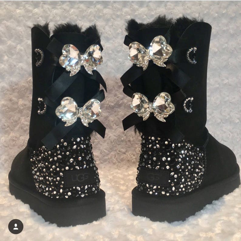 Bling Ugg Bailey Bogen II, Frauen kundenspezifische schwarze Ugg Boots Swarovski Crystal Bling australischen Fell Stiefel, Schneestiefel, Bling Bling Ugg Bailey Bogen II, Frauen kundenspezifische schwarze Ugg Boots Swarovski Crystal Bling australischen Fell Stiefel, Schneestiefel, Bling