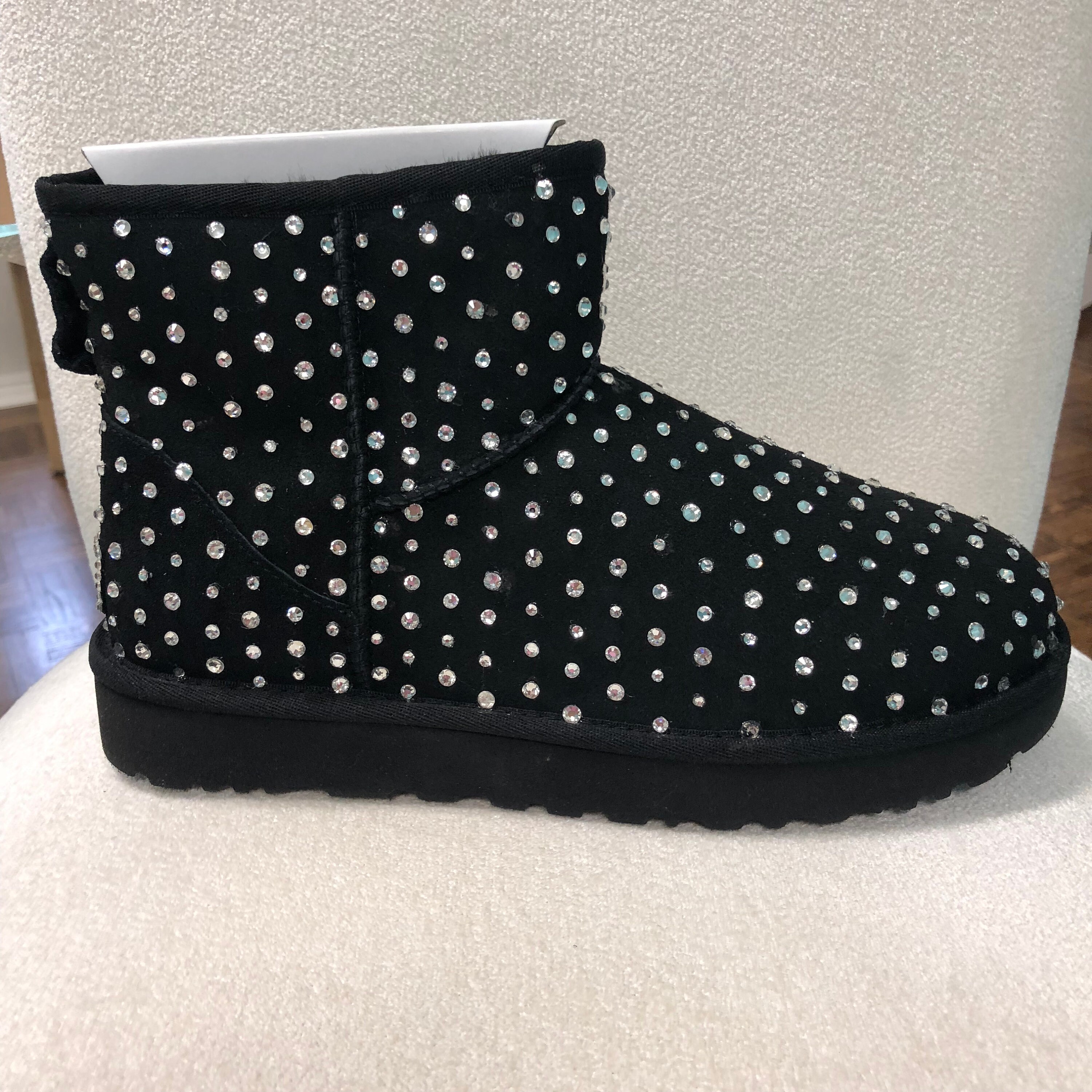 Bling Ugg Classic Mini Boots, Women's Custom Black Ugg Boots Crystal Bling Australian Fur Boots, Snow Boots, Bling Boots