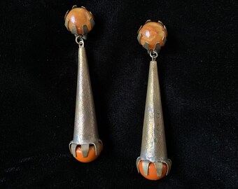 Vintage Clip On Earrings Bronze with Genuine Orange Agate Crystal Stone Setting | Non Pierced Earrings Statement