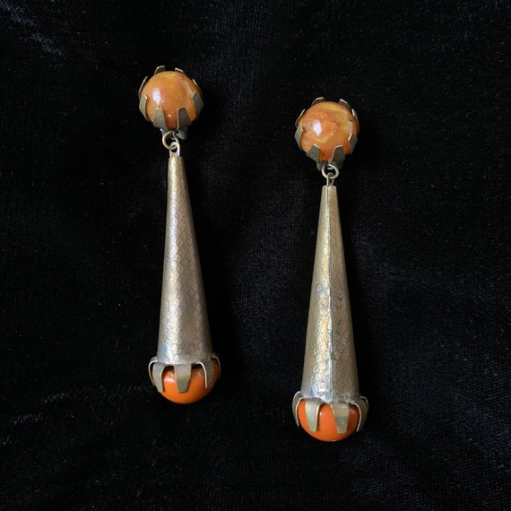 Vintage Clip On Earrings Bronze with Genuine Oran… - image 1