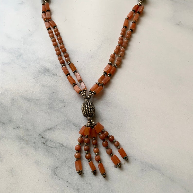 SALE Carnelian Beaded Necklace w Tassel Fringe from Pakistan Handmade crystal jewelry, Sacral chakra, Mercury Retrograde jewelry image 2