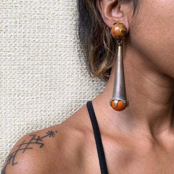 Vintage Clip On Earrings Bronze with Genuine Oran… - image 2