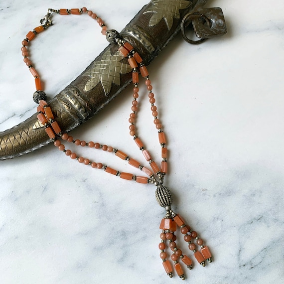 SALE Carnelian Beaded Necklace w Tassel Fringe fr… - image 1