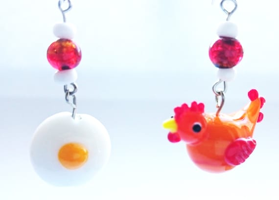Chicken & Egg Glass Bead Earrings Sterling Silver Hooks Jewelry Rooster Pierced Ears Fun Orange Yellow White Bird Animal Food Fowl Pet Farm