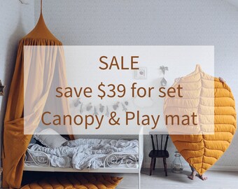 Bed hanging canopy & Leaf play mat, natural linen | 10% OFF for SET