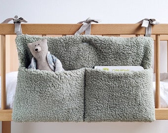 Crib pocket organizer | SAGE GREEN colour faux fur organizer |Toys, Accessorise & Diapers storage for nursery ITeddy fur, sherpa organizer