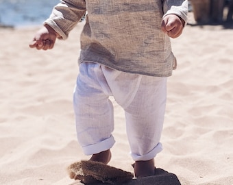 Harem pants from natural linen for boys and girls, comfortable clothing, unisex