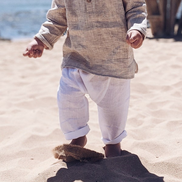 Haremshose aus Naturleinen für Jungen und Mädchen, bequeme Bekleidung, unisex